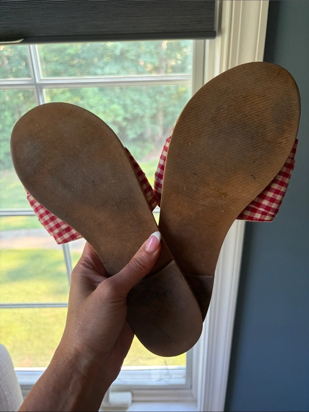 Abercrombie & Fitch Tan Leather Slide Sandals with Red Gingham Bow